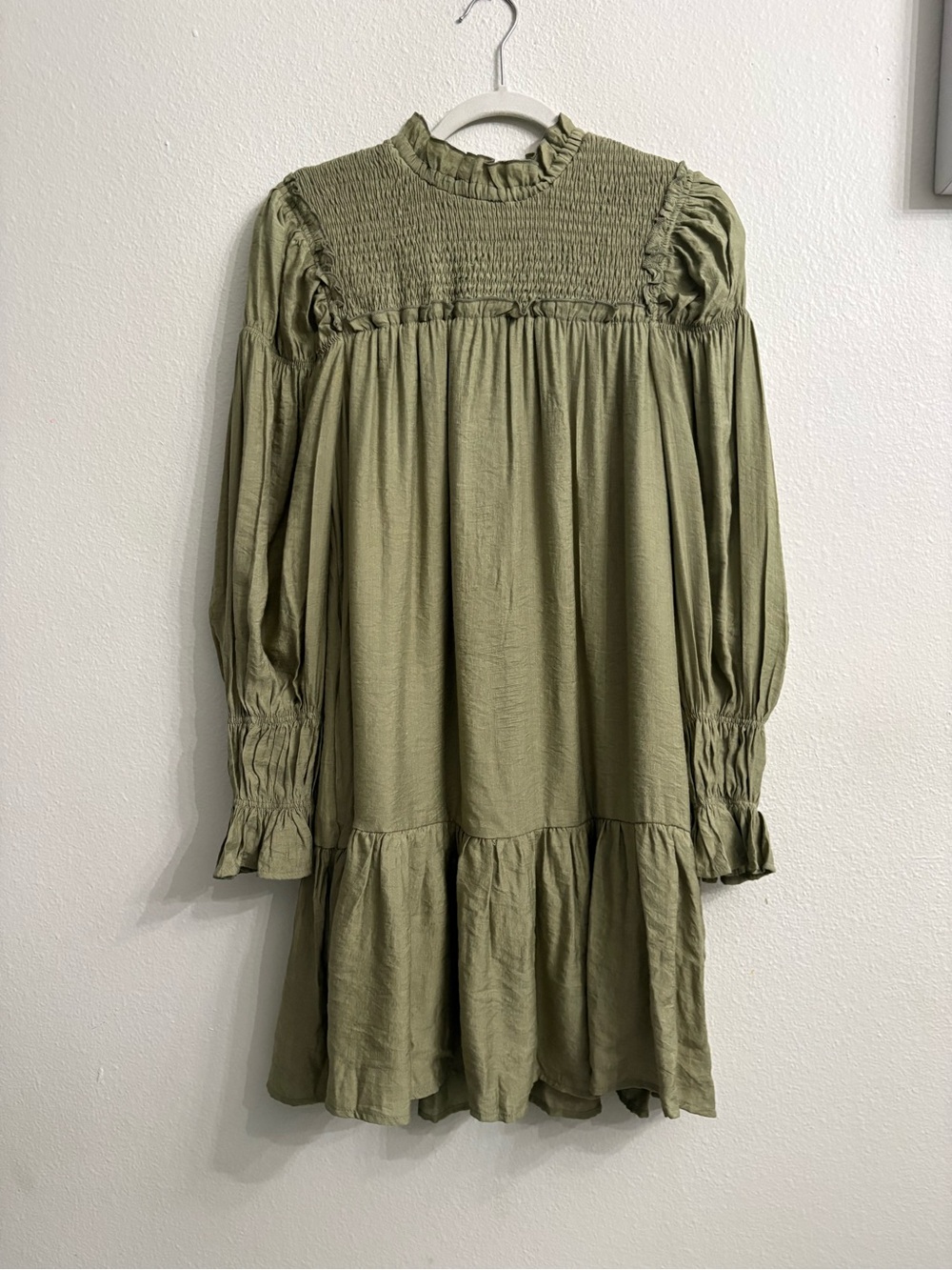 Moon River Olive Green Long-Sleeve Smocked Tiered Dress